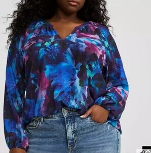 Crinkle Chiffon Lurex Peasant Long Sleeve Blouse